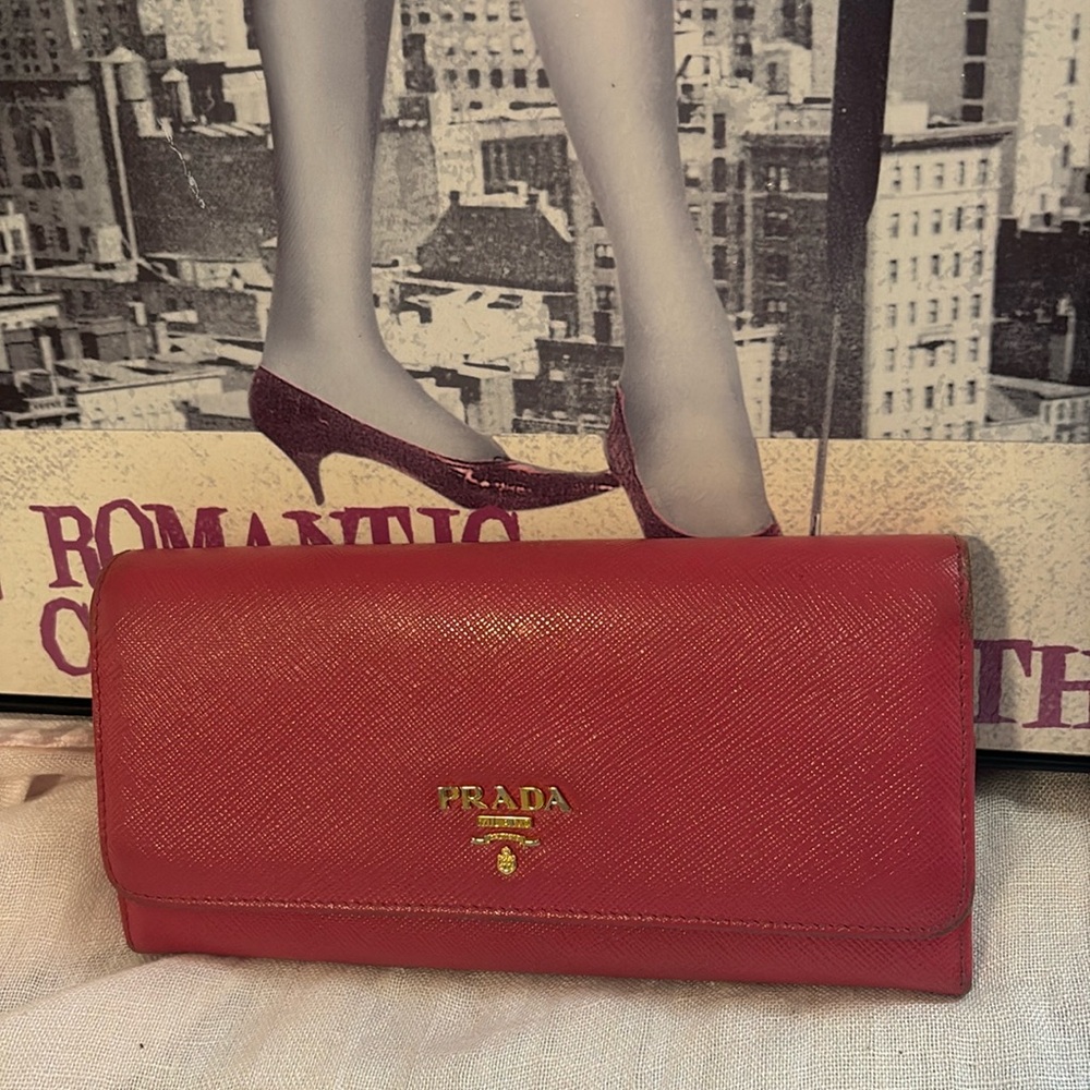 Prada Continental Wallet Pink Saffiano Metal Leather